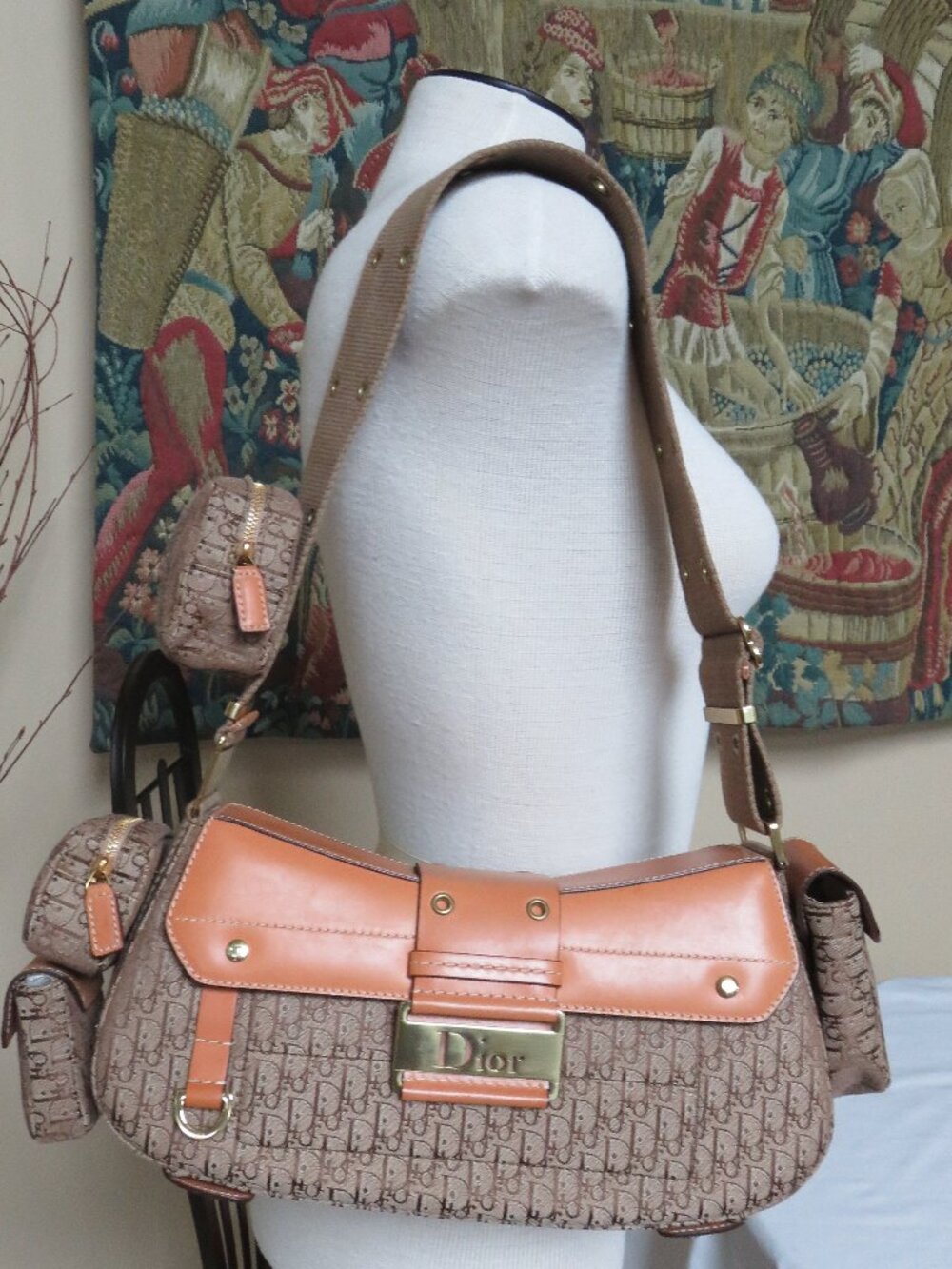 Authentic Christian Dior Calfskin Monogram Chic Columbus Beige